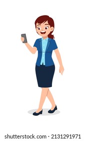 young worker woman walking and using phone