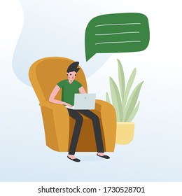 Joven trabajador trabajando en casa. Hombre con portátil sentado en sillón - concepto de autoaislamiento.