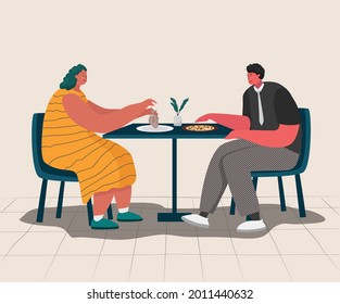 Young workers having lunch and talking about their job. Lunch time and friendship vector illustration.