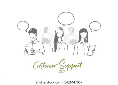 Young workers in headphones, assistants with empty speech bubbles, telemarketing operators, marketing business. Call center, customer support service concept sketch. Hand drawn vector illustration