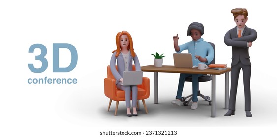 Young workers in office working on laptops. 3d conference concept. Presentation, training and learning for businesspeople. Vector illustration in cartoon style