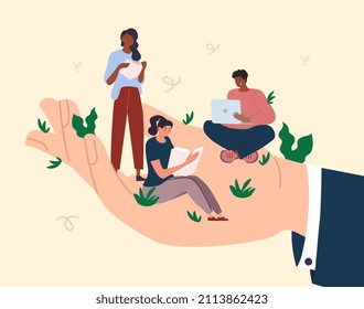 Young workers on palm. Employees under protection of superiors. Entrepreneur takes care of comfort of his subordinates. Teamwork, company development, common goals. Cartoon flat vector illustration