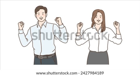 Young workers pose for support and encouragement. Business concept vector illustration