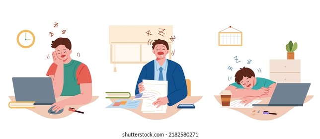 Young workers sitting at desk with documents and laptops feeling sleepy and exhausted at workplace. Flat style illustration of tired workers at office.