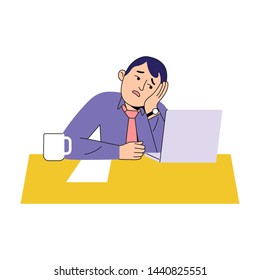young workers sitting at work desks feeling stressed and frustrated, men see laptops and feel depressed about their work, the concept of stress at work