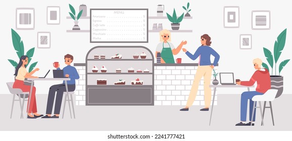 Young working in cafe. Eating desserts, drink coffee and work. Coworking in cafeteria, teenagers with laptop. Snugly barista sell drinks vector scene