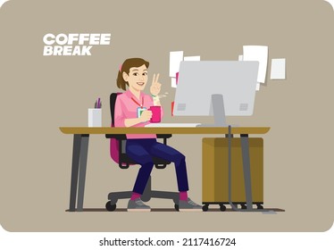 young working girl take a break drinking coffee on her desk after finish task