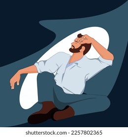 Young working man with a beard was sitting exhausted, putting his right hand on his knees left hand over forehead.Vector illustrations flat design concept for Demonstrates being under depression mode.