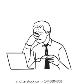 young working man feels very tired working in front of a laptop, young businessman gently massages his face because he is tired of wearing glasses, illustration of black and white line vector 