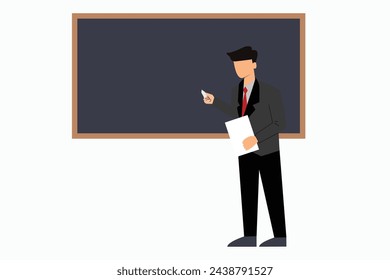 Young working man holding paper and presenting project of work  in front of blackboard. A man doing a presentation. Illustration. Vector.