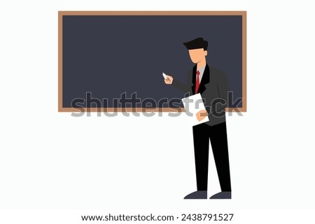 Young working man holding paper and presenting project of work  in front of blackboard. A man doing a presentation. Illustration. Vector.
