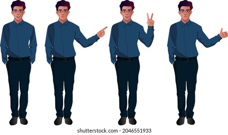 young working men character in different poses set vector indian style