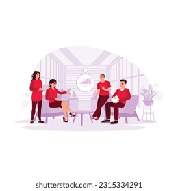 The young working people get together, discuss business, and promote creative teamwork and cooperation. Trend Modern vector flat illustration.