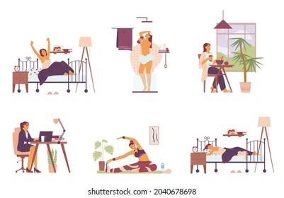 Young working woman daily activities and chores set of flat vector illustration isolated on white background. Modern woman daily routine and regime scenes.