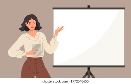 Young working woman holding tablet and presenting project of work. Concept of office working, creative work, meeting, conference, job, business presentation, communication. Flat vector illustration.