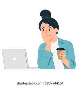 Young working woman, sad and worrying at office, illustration concept.