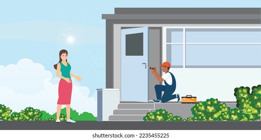 Young workman installing door knob. Installation of a lock on the front entrance door.  Professional repair service. Maintenance Concept vector illustration.
