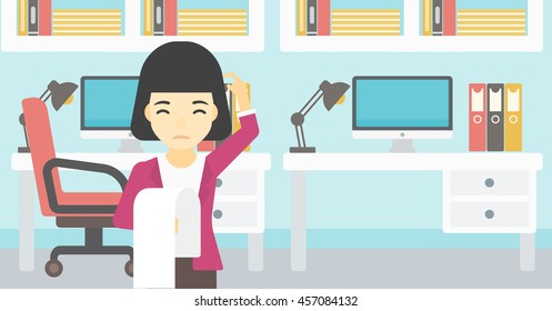 Young worried asian business woman standing in the office and holding a long bill. Concept of business bankruptcy. Vector flat design illustration. Horizontal layout.