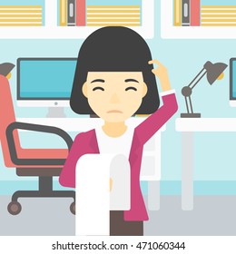 Young worried asian business woman standing in the office and holding a long bill. Concept of business bankruptcy. Vector flat design illustration. Square layout.