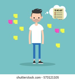 Young worried bearded man surrounded by stickers thinking about his to-do list / flat editable vector illustration, clip art