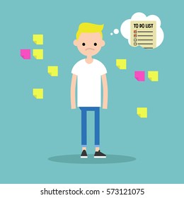 Young worried blond boy surrounded by stickers thinking about his to-do list / flat editable vector illustration, clip art