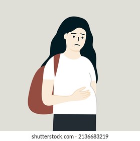 Young worried pregnant teenager girl embracing her belly with pain and shame. Unwanted, early pregnancy, reproductive education, abortion, social problem concept. Flat vector design illustration.