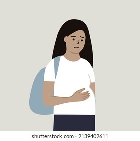 Young worried pregnant teenager girl embracing her belly with pain and shame. Unwanted, early pregnancy, reproductive education, abortion, social problem concept. Flat vector design illustration.