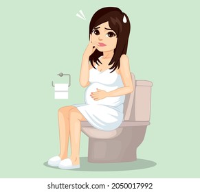 Young worried pregnant woman on bathroom toilet constipation problem