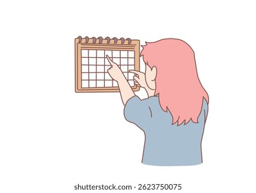 Jovem mulher preocupada verificando o calendário para termos grávidas ou períodos de menstruação. Aguardando férias de fim de ano. Ilustrações de design de vetor de estilo desenhado à mão.