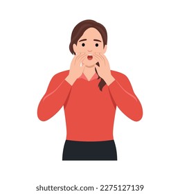 Young worried woman teenager character standing yelling shouting or screaming with hands on mouth. Flat vector illustration isolated on white background