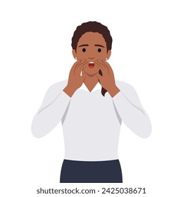 Young worried woman teenager character standing yelling shouting or screaming with hands on mouth. Flat vector illustration isolated on white background