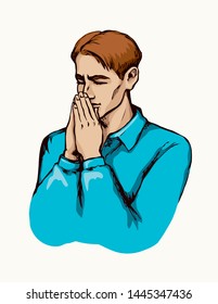 Young worry sorrow sad pretty kneel guy ask Lord on light white space for text. Black line ink drawn side thank praise plead fold palm arm purity adult logo sign icon concept sketch in retro art style
