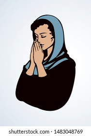 Young worry sorrow sad pretty kneel lady ask Lord on light white space for text. Black line ink drawn side thank purity praise plead fold palm arm girl logo sign icon concept sketch in retro art style