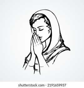 Young worry sorrow sad pretty kneel lady ask Lord on light white space for text. Black line ink drawn side thank purity praise plead fold palm arm girl logo sign icon concept sketch in retro art style