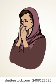 Young worry sorrow sad pretty kneel lady ask Lord on light white space for text. Black line ink drawn side thank purity praise plead fold palm arm girl logo sign icon concept sketch in retro art style