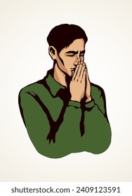 Young worry sorrow sad pretty kneel guy ask Lord on light white space for text. Black line ink drawn side thank praise plead fold palm arm purity adult logo sign icon concept sketch in retro art style