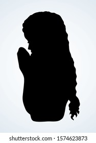 Young worry sorrow sad problem pretty lady ask Lord Jesus. Retro art sketch white text space. Black line drawn side thank purity praise plead love fold arm beg adult bible soul logo sign icon concept