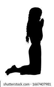 Young worry sorrow sad problem pretty lady ask Lord Jesus. Retro art sketch white text space. Black line drawn side thank purity praise plead love fold arm beg adult bible soul logo sign icon concept