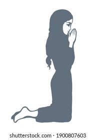 Young worry sorrow sad problem pretty lady ask Lord Jesus. Retro art sketch white text space. Black line drawn side thank purity praise plead love fold arm beg adult bible soul logo sign icon concept