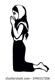 Young worry sorrow sad problem pretty lady ask Lord Jesus. Retro art sketch white text space. Black line drawn side thank purity praise plead love fold arm beg adult bible soul logo sign icon concept