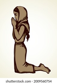 Young worry sorrow sad problem pretty lady ask Lord Jesus. Retro art sketch white text space. Black line drawn side thank purity praise plead love fold arm beg adult bible soul logo sign icon concept