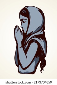 Young worry sorrow sad problem pretty lady ask Lord Jesus. Retro art sketch white text space. Black line drawn side thank purity praise plead love fold arm beg adult bible soul logo sign icon concept