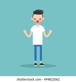 Young yelling furious bearded man with clenched fists / flat editable vector illustration