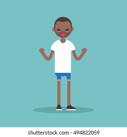 Young yelling furious black man with clenched fists / flat editable vector illustration