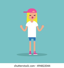 Young yelling furious girl with clenched fists  / flat editable vector illustration