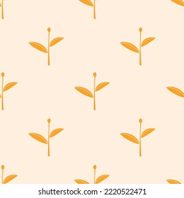 Young yellow sprouts of spring flowers with leaves on a pink background. Seamless cute pattern for modern textile and paper. Vector.