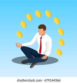 Young yoga position businessman relaxing. Businessman sitting in padmasana lotus pose. Isometric illustration