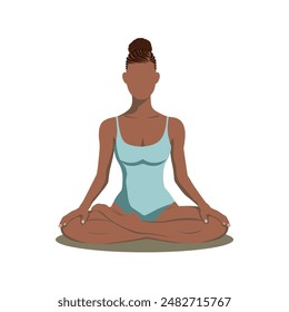 Young yoga woman in lotus pose. Faceless. Brunette girl in padmasana. African American. Concept for yoga studio, health life, natural medicine clinic, beauty. Vector illustration in flat style EPS10