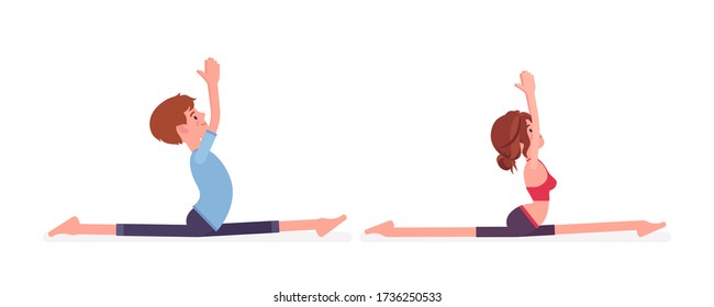 Young yogi man, woman in sport wear practicing yoga, partners doing Monkey God pose, Splits, Hanumanasana exercise, yogic practice for physical health. Vector flat style cartoon illustration side view