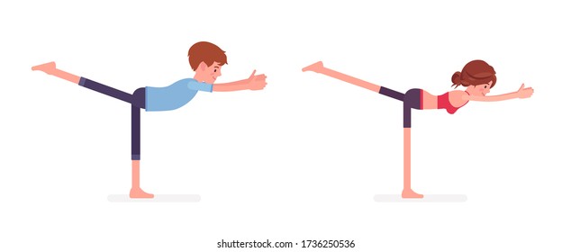 Young yogi man, woman in sport wear practicing yoga, partners doing Warrior three pose, Virabhadrasana 3 exercise, yogic practice for physical health. Vector flat style cartoon illustration, side view